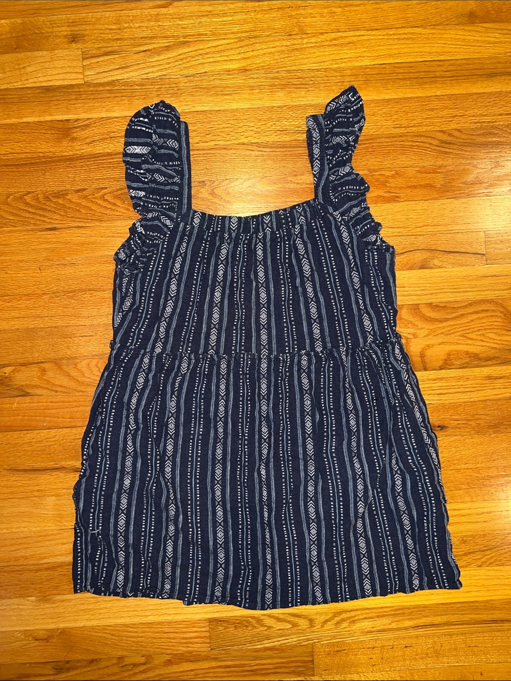Women’s Navy and White Striped Tribal Ruffle-Sleeve Dress